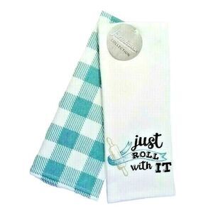 Just Roll with It Rolling Pin Kitchen Towels 2-Pc Teal White Plaid Cotton NEW
